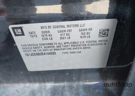 2014 Chevrolet Sonic Lt Auto из США, поврежденный, VIN 1G1JC6SB2E4144929